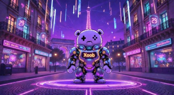 The image features a cartoon bear wearing a robot suit, standing in front of a cityscape with neon lights. There are also some buildings visible in the background. The caption for the image reads "XOOB | @XOOBNetwork $QUIP | @quipnetwork Good Evening CT Lately I’ve been paying closer attention to projects that are actually experimenting with new technology instead of recycling the same Web3 narratives. That's one reason @quipnetwork Network keeps standing out to me".