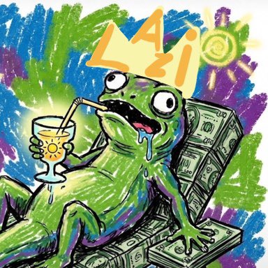 A Pepe the Frog drawing shows the character wearing a paper crown, drooling, and drinking a beverage while lounging on stacks of money.