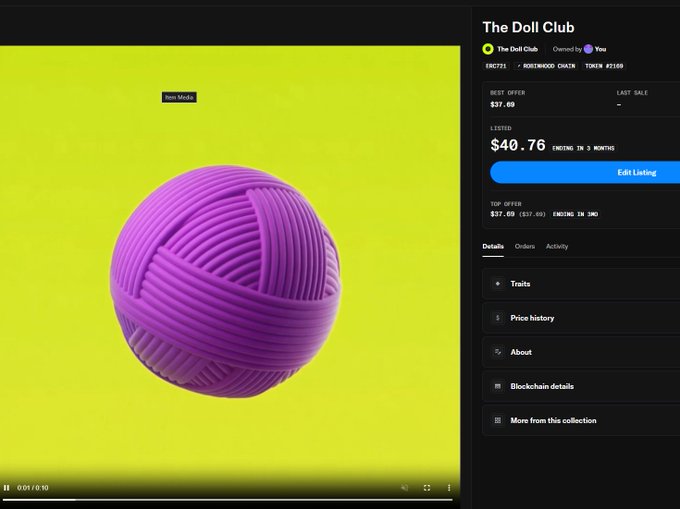 A screenshot of a "Doll Club" NFT listing page showing a purple yarn ball on a yellow background, currently listed at $40.76 with a best offer of $37.69 and token #1589, illustrating the author's claim of earning more from minting Doll Club NFTs in one night than from a larger competition prize.