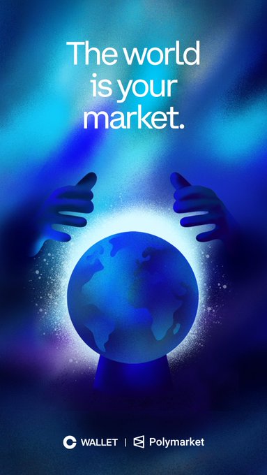 The image features a glowing crystal ball with hands hovering over it, set against a deep blue ethereal background, with the text "The world is your market" prominently displayed above and "WALLET | Polymarket" logos at the bottom. This mystical imagery visually reinforces the post's message about Coinbase Wallet's new prediction markets feature powered by Polymarket, suggesting users can peer into global outcomes and let their convictions guide their predictions on worldwide events.