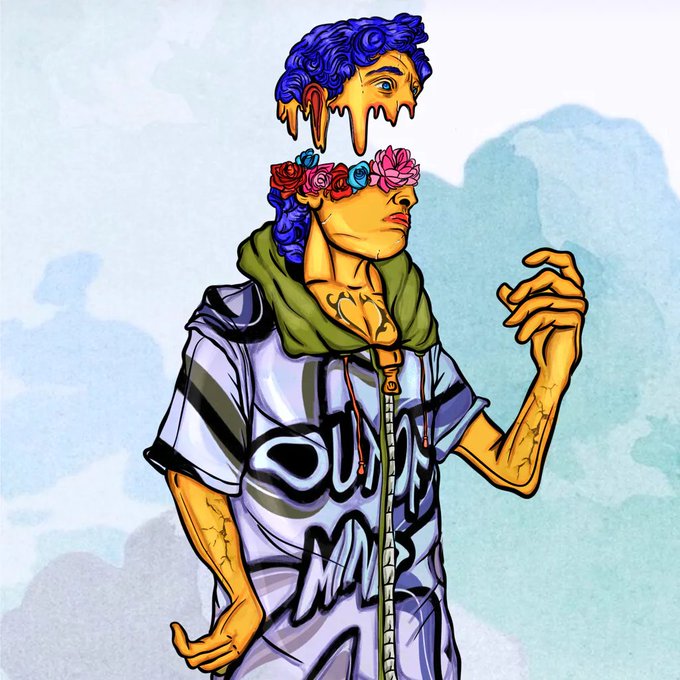 A stylized digital illustration of a yellow-skinned figure wearing a white shirt and green hoodie, with blue hair topped by flowers covering their eyes, and black text reading 'Young MA' on the shirt.
