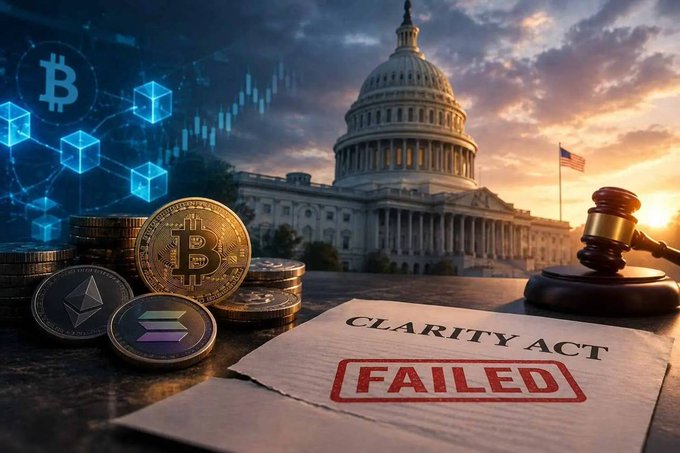 A digital illustration showing the U.S. Capitol building alongside cryptocurrency symbols (Bitcoin, Ethereum, Solana), physical coins, and a gavel, with a document labeled 'CLARITY ACT' stamped 'FAILED'.
