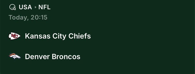 The image displays an upcoming USA NFL matchup scheduled for today at 20:15 between the Kansas City Chiefs and Denver Broncos, which relates to the prediction contest where one winner will be paid for correctly picking the winning team.