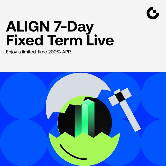 A promotional graphic featuring the text "ALIGN 7-Day Fixed Term Live – Enjoy a limited-time 200% APR" alongside a stylized cracked egg illustration with green crystals on a blue background, advertising Gate.io's Simple Earn fixed-term product offering up to 200% APR with a 97,000,000 ALIGN quota.