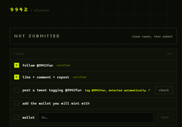 A dark-themed user interface for an allowlist shows 'NOT SUBMITTED' status with tasks including 'follow @9942fun verified', 'like + comment + repost verified', 'post a tweet tagging @9942fun', and 'add the wallet you will mint with'.