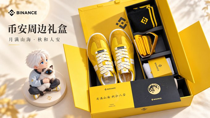 A promotional graphic for a Binance merchandise gift box, featuring yellow sneakers and other branded items. The text includes 'BINANCE', '币安周边礼盒', and '月满山海·秋和人安'.