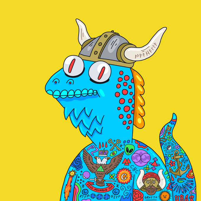 A cartoon blue dragon wearing a Viking helmet with the word "ETHREIF" on one horn, covered in colorful tattoos of various symbols, aliens, and characters on a yellow background.