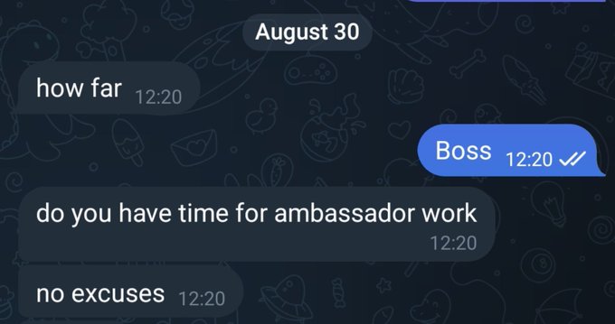 A Telegram chat screenshot from August 30 showing messages: 'how far', 'do you have time for ambassador work', 'Boss' replying 'no excuses'.