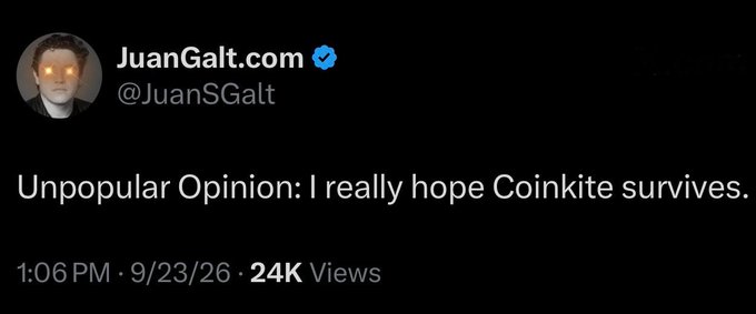 The image shows a tweet from Juan Galt (@JuanSGalt) stating "Unpopular Opinion: I really hope Coinkite survives," dated 9/23/26 with 24K views. The accompanying post characterizes this as part of the Bitcoin influencer network coordinating sentiment around companies like Coinkite, using the tweet as an example of how these figures publicly signal support to manipulate perception.