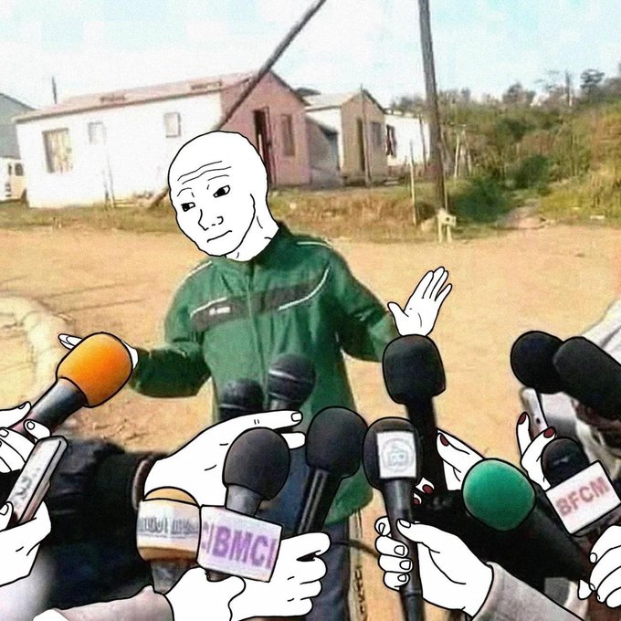 A meme-style illustration showing a person in a green jacket surrounded by cartoon hands holding multiple microphones (labeled BBC, IBMC, EBCM) as if giving a press conference in a dirt street.