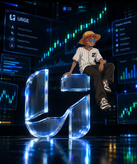An anime-style character in a straw hat and sunglasses sits on a large glowing blue number '4' against a backdrop of crypto trading charts, with text including 'URGE', 'SOL', and 'Creator Activity'.