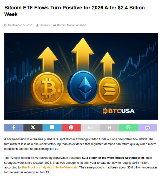 A news article screenshot titled 'Bitcoin ETF Flows Turn Positive for 2026 After $2.4 Billion Week' with an illustration of Bitcoin, Ethereum, and Solana coins with upward arrows.