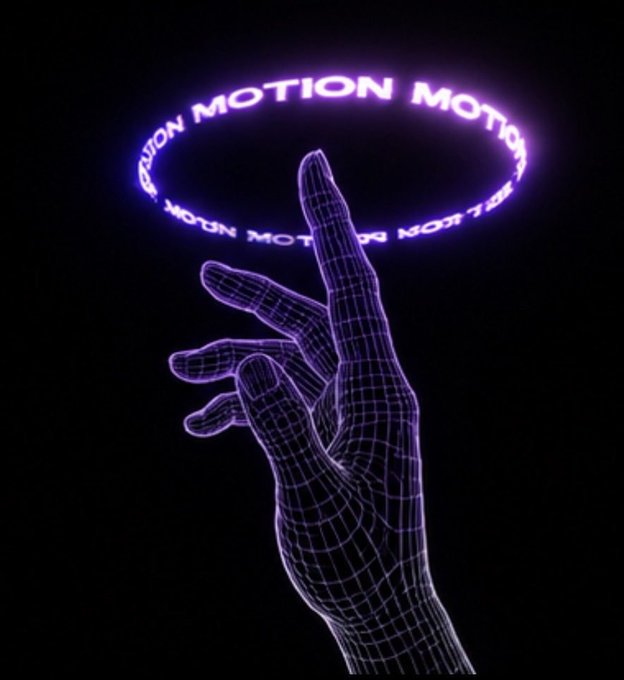 A neon-style digital artwork featuring a wireframe hand reaching toward a glowing purple ring of text reading "MOTION" against a black background.