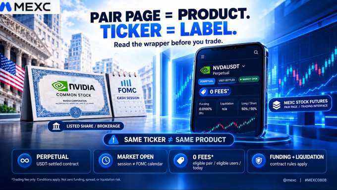 The image is a MEXC exchange promotional banner displaying the message "PAIR PAGE = PRODUCT. TICKER = LABEL. Read the wrapper before you trade," featuring a NVIDIA stock certificate, a FOMC Cash Session calendar, and a smartphone showing the "NVDAUSDT" perpetual pair page with details like 50x leverage, 0% funding, and "0 Fees" promotion.

The caption connects to the post by visually reinforcing the message that on trading platforms, a ticker like NVDAUSDT is just a label, while the actual product details—such as USDT-settled perpetuals, session hours, fees, and contract rules shown in the image—are what traders should read, especially during macro events like the FOMC rate decision mentioned.