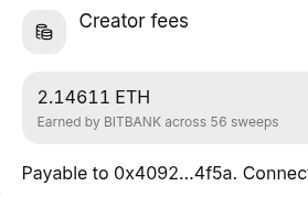A digital interface snippet showing 'Creator fees' with an amount of '2.14611 ETH', 'Earned by BITBANK across 56 sweeps', and a payable address beginning with '0x4092...4f5a'.