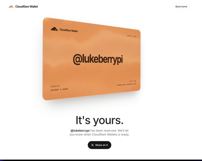 A Cloudflare Wallet confirmation page showing the reserved username '@lukeberrypi' on an orange card.