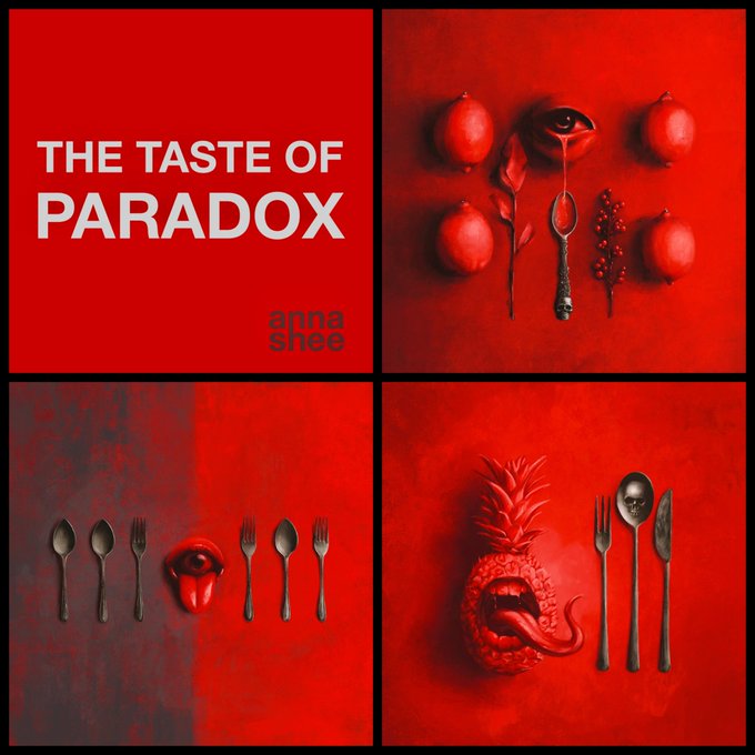 A four-panel artistic collage titled "THE TASTE OF PARADOX" by anna shoe, featuring surreal still life compositions on deep red backgrounds—each panel blends ordinary dining utensils with unsettling, monstrous elements like mouths with dripping tongues, pomegranates, and a pineapple with serpentine tongues, visually embodying the post's theme of chaos and order through the juxtaposition of mundane objects and visceral imagery.