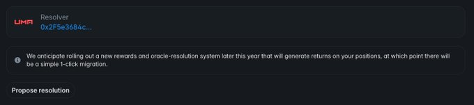 This image shows a UMA resolver and details a new rewards and oracle-resolution system to be rolled out later this year by Polymarket. This system is designed to generate returns and offer a simple 1-click migration.