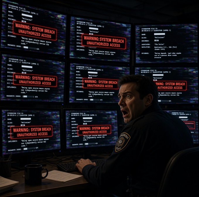 A person sits at a desk facing multiple computer monitors displaying various "CYPHERPUNK FILE ID" windows, each featuring a prominent red "WARNING: SYSTEM BREACH UNAUTHORIZED ACCESS" alert. The image relates to the caption "C - F I L E S" by visually representing the "CYPHERPUNK FILES" being accessed on the screens.