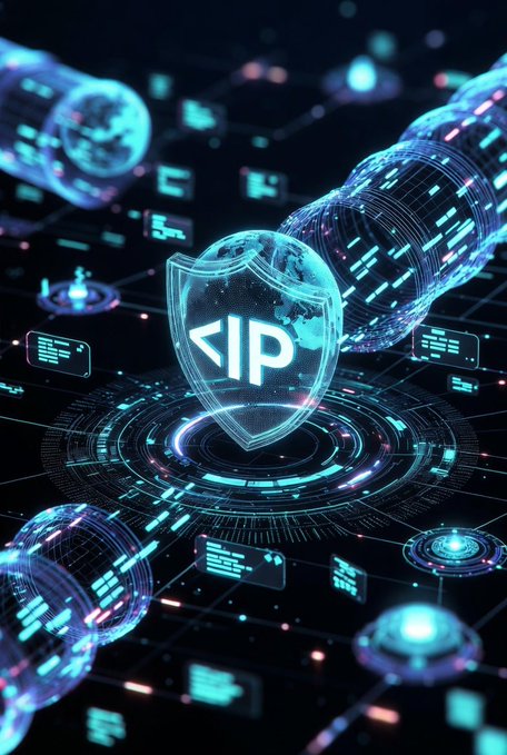 A glowing digital shield displaying "<IP" sits at the center of a futuristic blue network interface, symbolizing intellectual property protection. The image aligns with the post's message about staying engaged with the @NucleusCodes project and anticipating upcoming announcements for their next deployment.