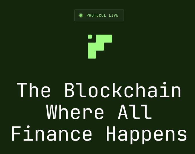 A dark green graphic featuring a stylized "F" logo with a "PROTOCOL LIVE" badge at the top, alongside bold white text reading "The Blockchain Where All Finance Happens"—visually reinforcing the post's pitch of @TxFlow_L1 as a purpose-built L1 aimed at delivering a unified, streamlined trading experience with on-chain order books and Perp DEX functionality.
