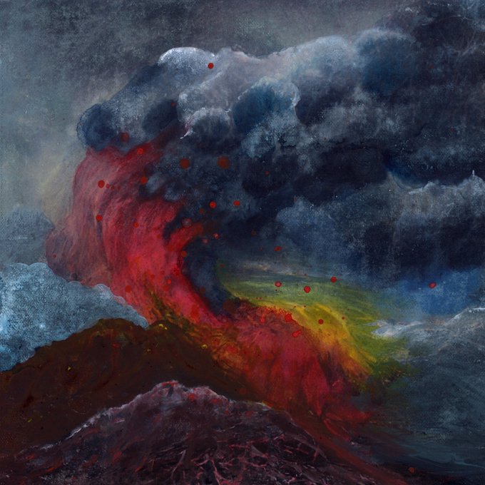 A dramatic painting of an erupting volcano with bright red and yellow lava flowing down its slopes beneath billowing dark gray smoke clouds, with red embers scattered throughout the sky.