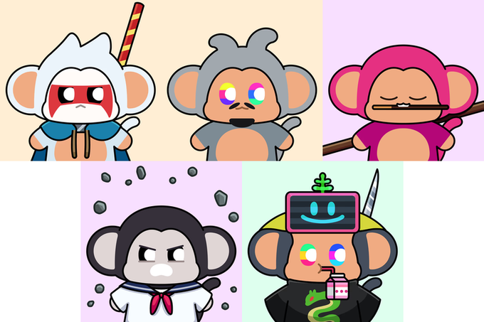 A collage of five cartoon chimpanzee NFT characters from the Chimpers collection, showcasing different trait variations and accessories that correspond to the bulk purchase detailed in the post, including Tomami (the highest-valued piece at 0.4650 WETH), with 2 Uncommon and 3 Common trait rarities represented.