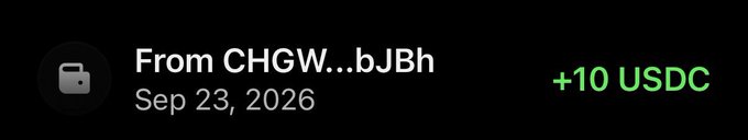 The image shows a USDC transfer notification of "+10 USDC" from a wallet labeled "CHGW…bJBh" dated Sep 23, 2026. This appears to confirm a $10 cryptocurrency giveaway payout sent to a recipient, likely as part of the post's promotion offering $15 to participants who engaged with the giveaway.
