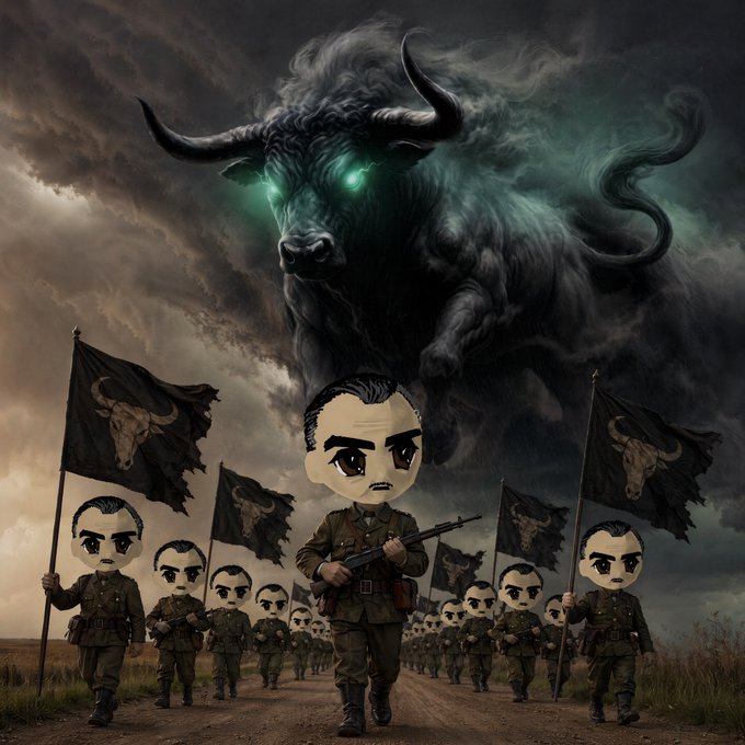A stylized illustration shows a determined soldier figure marching at the head of an army of identical doll-like troops carrying black bull flags, with a massive, menacing bull spirit rising ominously from storm clouds in the background.

The image visually reinforces the bullish rallying post for $ANSEM by depicting a charging army led by a fierce, supernatural bull — symbolizing the "next leg up" momentum and aggressive "GAS IT" sentiment toward the token.