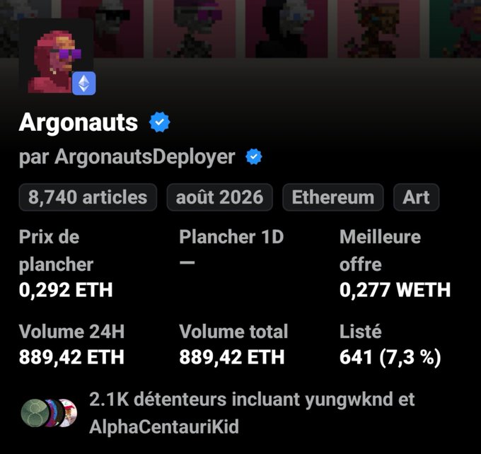 A NFT collection listing page for "Argonauts" by ArgonautsDeployer on Ethereum, showing 8,740 articles, a floor price of 0.292 ETH, and 2.1K holders.