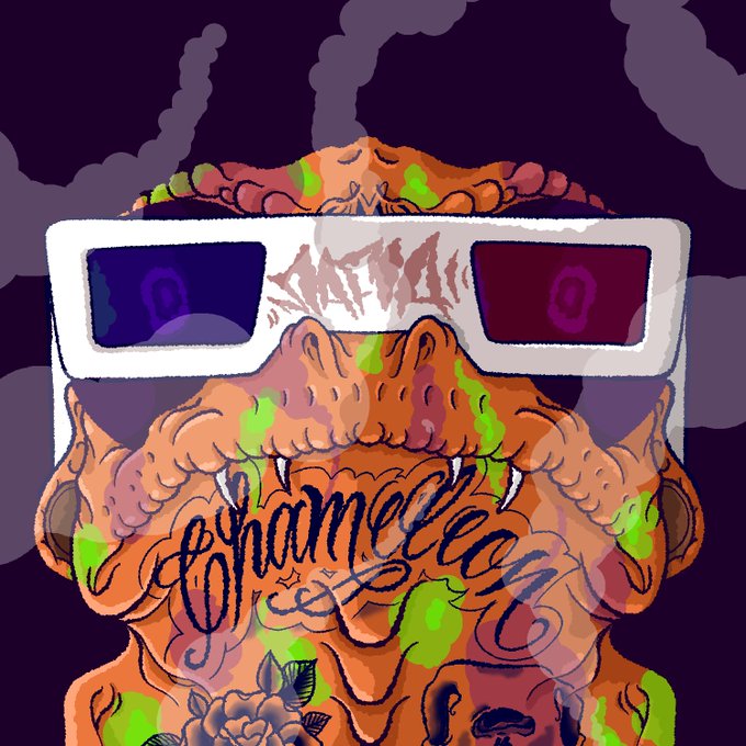 A stylized illustration of a chameleon with 'SAFARI' printed on white sunglasses, featuring tattoo-style script and dripping green paint effects.