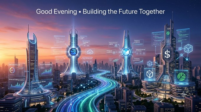 A futuristic digital illustration of a high-tech cityscape at sunset with glowing skyscrapers displaying tech icons (including a dollar sign), holographic data panels, and the text "Good Evening • Building the Future Together."