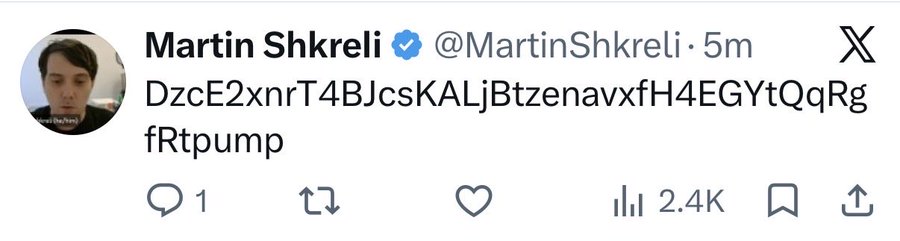 A tweet from Martin Shkreli (@MartinShkreli) displays a cryptocurrency token contract address ("DzcE2xnrT4BJcsKALjBtzenavxfH4EGYtQqRgfRtpump") on a Solana pump.fun-style contract, suggesting he is promoting a newly launched memecoin. The post notes that anyone buying a token shilled by Shkreli likely has "severe mental damage," highlighting skepticism toward his involvement in the crypto launch.