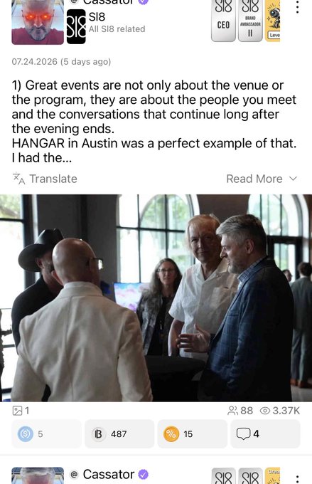 X (Twitter) post by user 'Cassator' from 07.24.2026 discussing the HANGAR event in Austin, featuring a photo of a networking gathering.