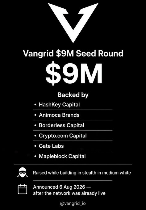 A black promotional graphic for 'Vangrid' announcing a '$9M Seed Round' backed by investors including HashKey Capital, Animoca Brands, Borderless Capital, Crypto.com Capital, Gate Labs, and Mapleblock Capital, with the Twitter handle '@vangrid_io'.