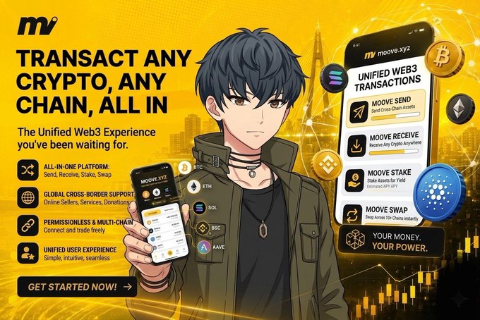The image features a cartoon character holding up a phone displaying a website called "moovexyz". The website appears to be related to cryptocurrency or blockchain technology, as indicated by its name. The text above the image reads "Crypto just got a whole lot simpler. Whether you are selling products globally, offering cross border services, or accepting digital donations, @moovexyz completely eliminates the headache of Web3 complexity." This suggests that the website is designed to make cryptocurrency and blockchain transactions more user-friendly and accessible for everyone involved in these activities.