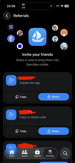 An OpenSea mobile app 'Referrals' page inviting users to share codes with friends, displaying the OpenSea sailboat logo and three referral codes with Copy and Share buttons.