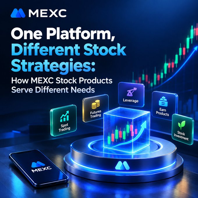 A promotional graphic for MEXC titled "One Platform, Different Stock Strategies: How MEXC Stock Products Serve Different Needs," featuring a smartphone and a central glowing platform displaying five distinct stock product categories: Spot Trading, Futures Trading, Leverage, Earn Products, and Stock Investment, illustrating the variety of trading options available to match different investor strategies.