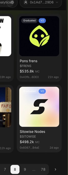 A mobile app interface shows cryptocurrency tokens 'Pons frens' ($FRENS) and 'Sitowise Nodes' ($SITOWISE) with their market caps.