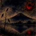 A dark, atmospheric landscape painting of Mount Fuji at night with silhouetted crows on a branch in the foreground and a glowing red moon or sun in the sky, rendered in a traditional Japanese style.
