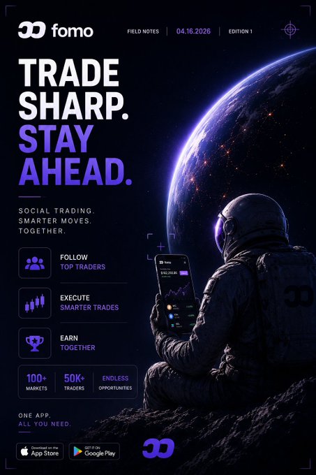 A promotional poster for the 'fomo' app features an astronaut sitting on a lunar surface holding a trading app, with text 'TRADE SHARP. STAY AHEAD.' and 'SOCIAL TRADING. SMARTER MOVES. TOGETHER.' along with App Store and Google Play download links.