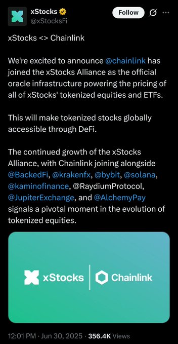 An X (formerly Twitter) post by @xStocksFi announcing that Chainlink has joined the xStocks Alliance as the official oracle infrastructure, alongside partners like BackedFi, Kraken, Bybit, Solana, and others.