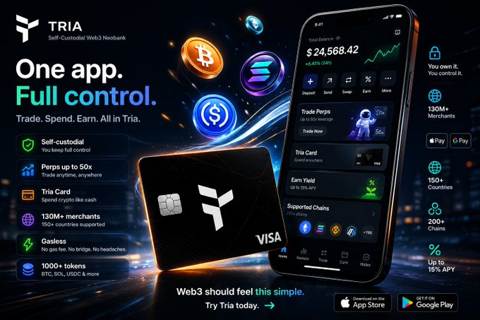 The image features a smartphone displaying an app called @useTria, which is used for trading cryptocurrencies. The phone's screen shows various cryptocurrency icons along with text that provides information about the app. The main focus of the image is the smartphone itself, positioned on top of a dark background.