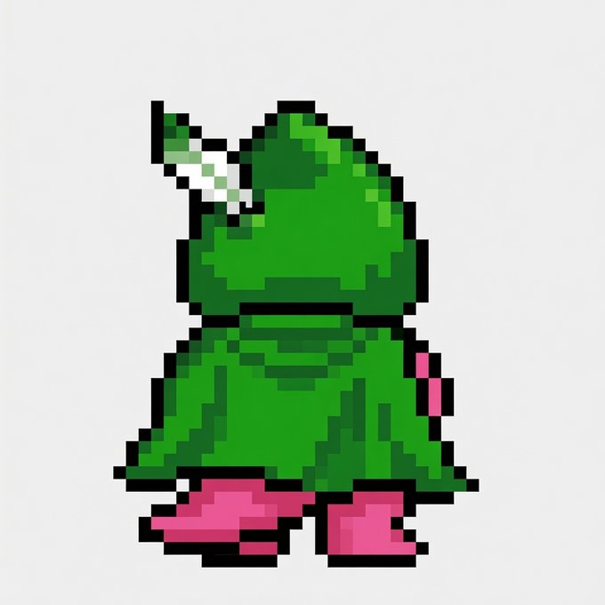 A pixel-art illustration depicts a green hooded figure wielding a small sword or dagger.