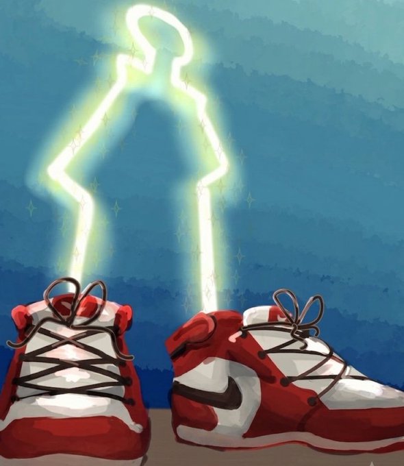 A pair of red and white Nike sneakers sit on the ground, with a glowing yellow outline of a human figure behind them, tying into the "GM" (Good Morning) post as an energetic way to greet the day.
