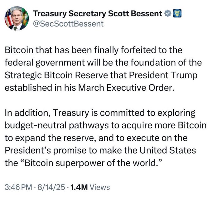 A tweet from Treasury Secretary Scott Bessent (@SecScottBessent) announcing that forfeited Bitcoin will form the foundation of a Strategic Bitcoin Reserve established by President Trump's March Executive Order, and expressing commitment to making the US a 'Bitcoin superpower.'