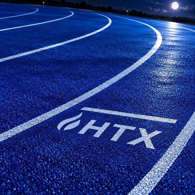 A blue running track glistens under a full moon, with the "HTX" logo painted in white across one of the lanes. The nighttime setting perfectly captures the "midnight miles, moonlit vibes" mood, blending Houston's athletic spirit with a serene, after-dark atmosphere.