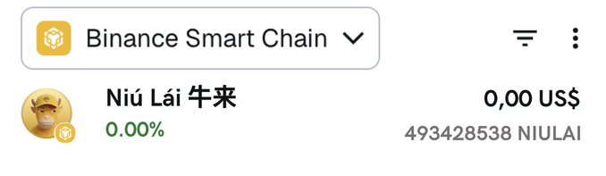 The image displays a Binance Smart Chain wallet showing a balance of 49,342,8538 $NIULAI (牛来) tokens valued at 0.00 US$ with 0.00% change. This relates to the promotional airdrop post offering 100,000 $NiuLai tokens to the first 555 wallets that submit their BNB address.