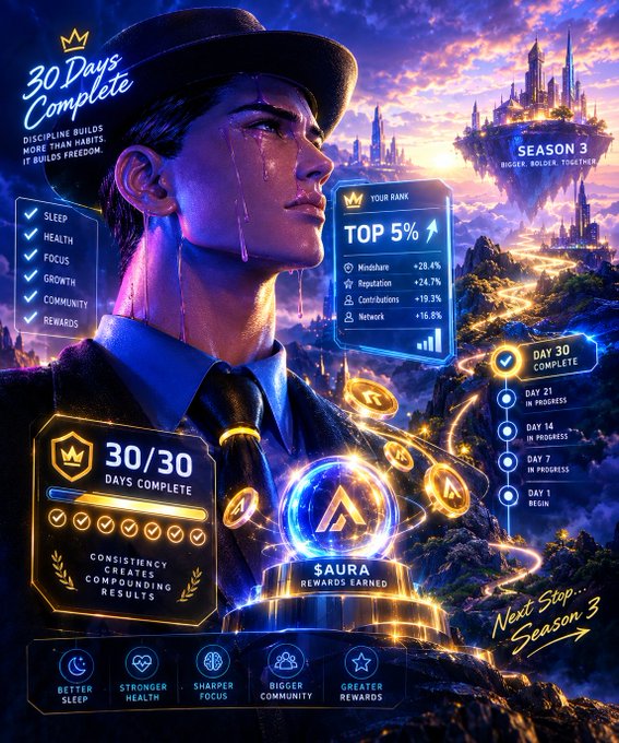 A digital illustration celebrating '30 Days Complete' with a man in a hat, showing stats like 'TOP 5%' rank, 'Mindshare +28.4%', 'Reputation +24.7%', 'Contributions +19.3%', and 'Network +16.8%' alongside a 'Season 3' fantasy landscape.