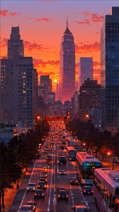 A vibrant cityscape at sunset showcases a bustling metropolitan street with traffic flowing between towering skyscrapers, including a prominent central spire under a pink and orange sky. The image's modern urban technology backdrop contrasts with the post's message about Quip Network (@quipnetwork) proactively building quantum-resistant blockchain infrastructure, highlighting the intersection of traditional tech landscapes with emerging quantum-secure digital asset networks.